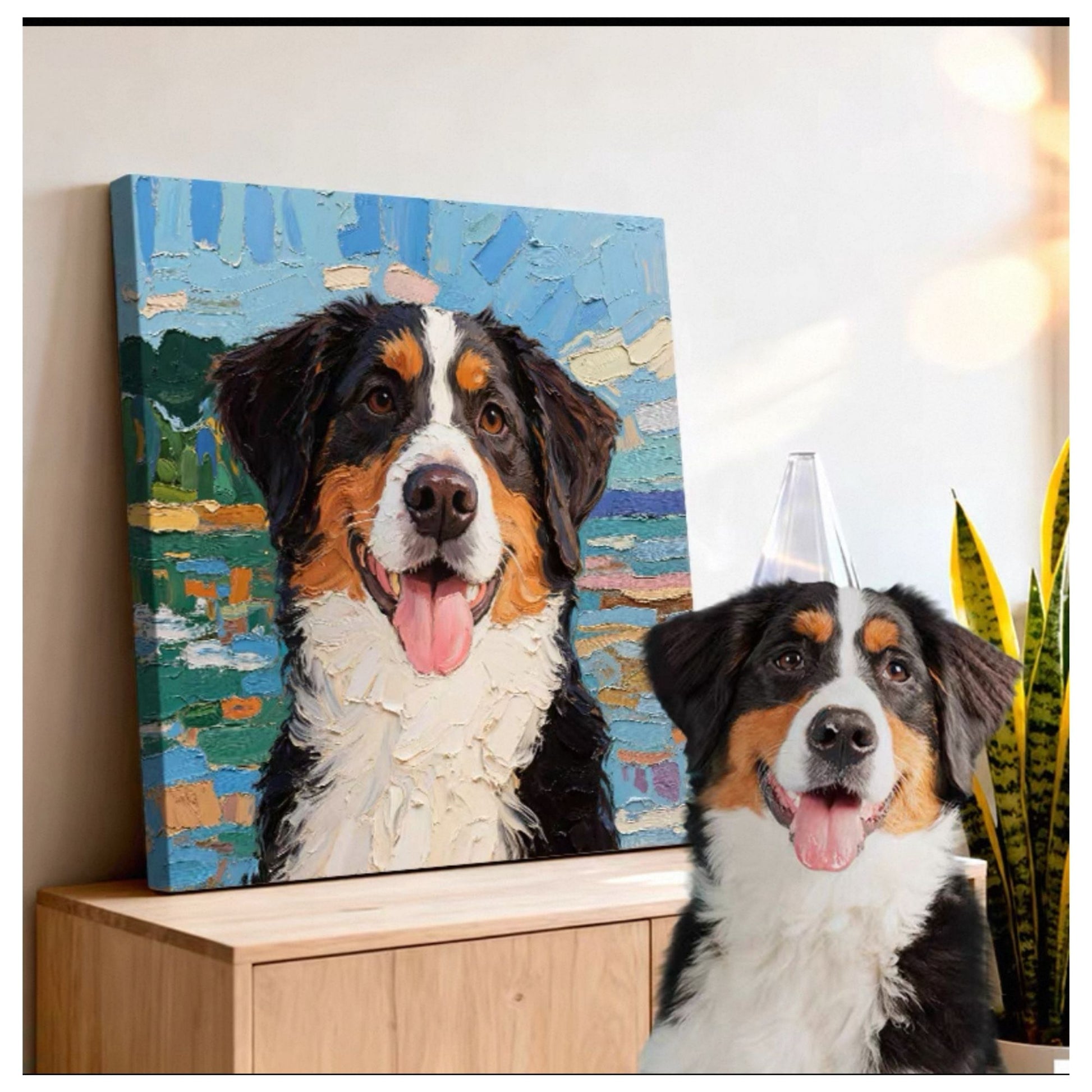 Custom frameless pet oil painting style portrait