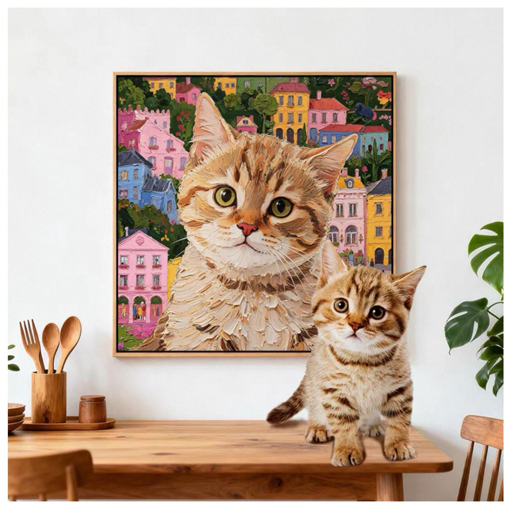 Custom pet oil painting style portrait L-shaped frame