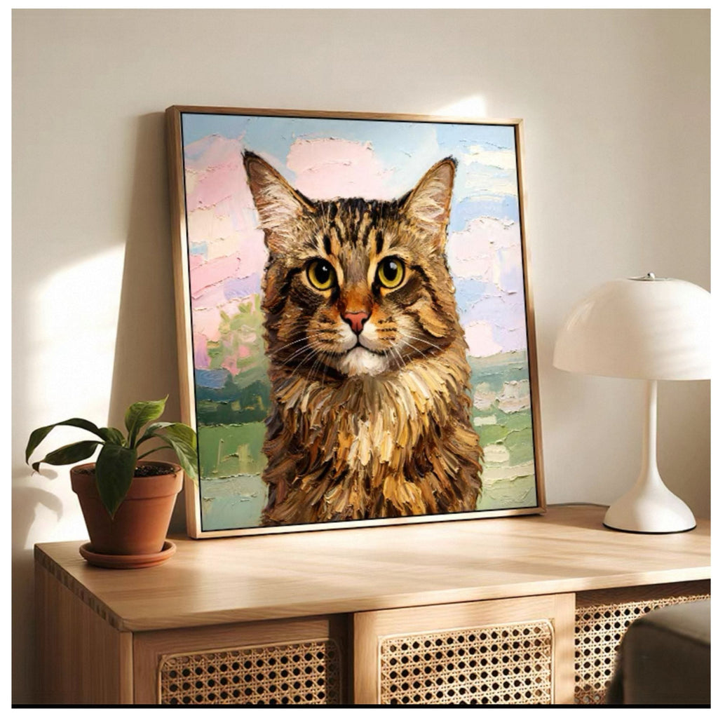 Custom pet oil painting style portrait L-shaped frame