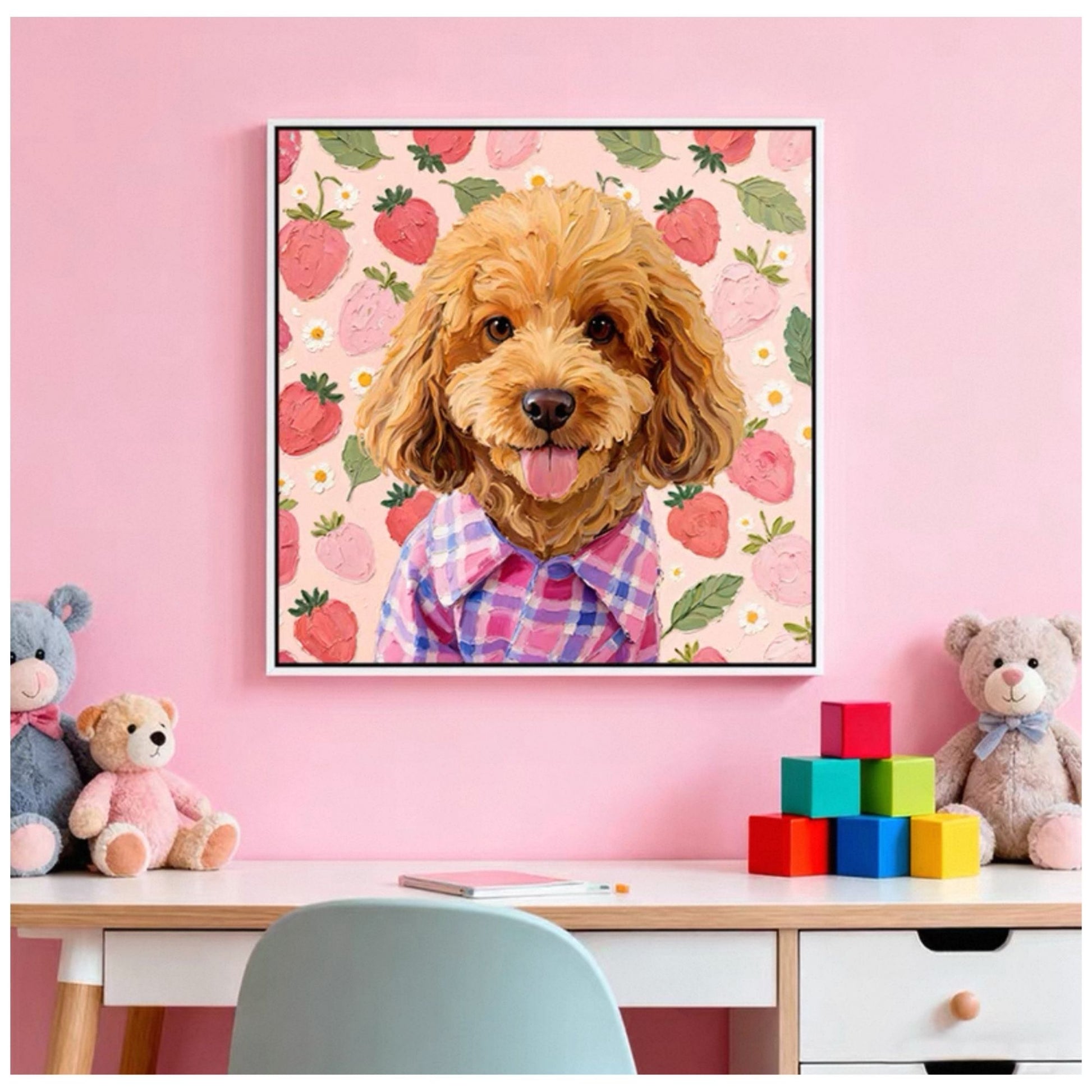 Custom pet oil painting style portrait L-shaped frame