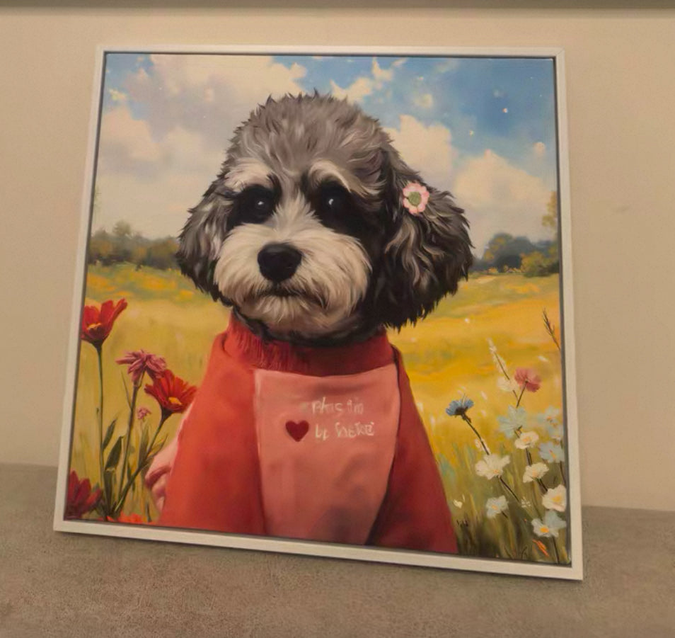 Custom pet oil painting style portrait L-shaped frame